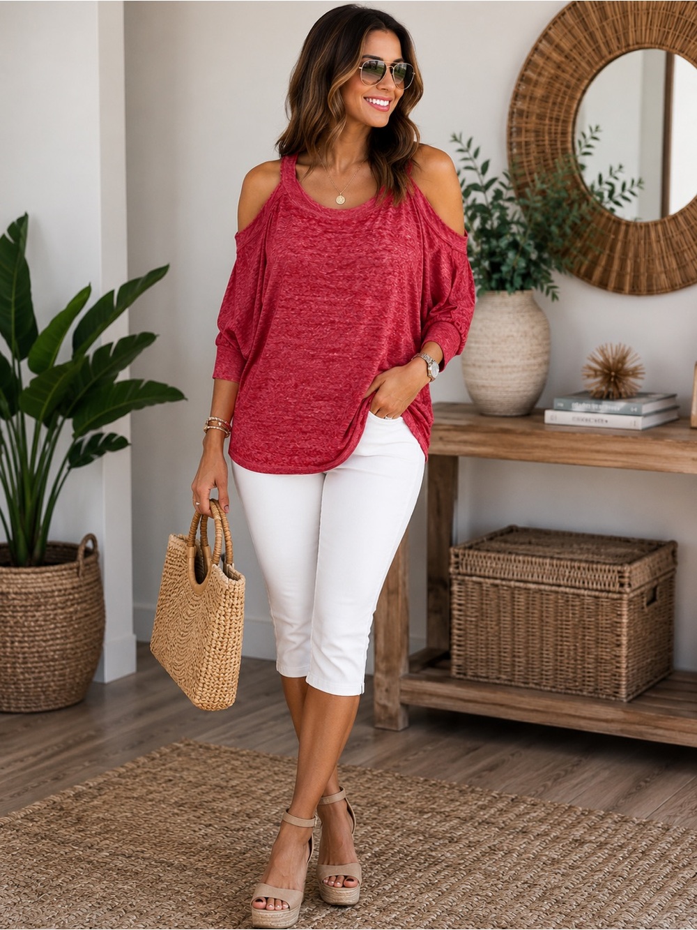 ❤️ We The Free Cold Shoulder Top Red Marled Knit Size Medium